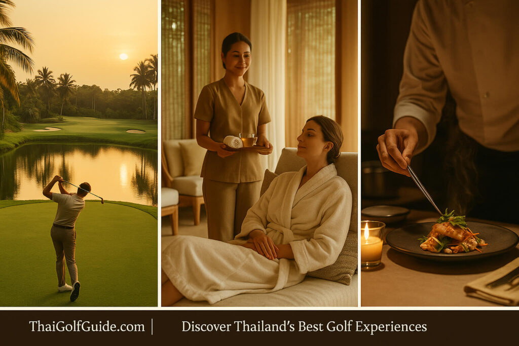 Three-panel collage of Thailand golf luxury — signature par-3 at sunset, spa relaxation lounge, and refined Thai dinner plating.