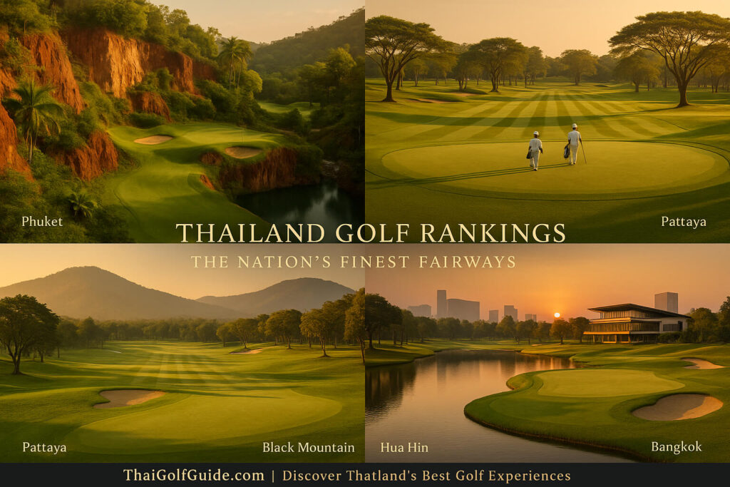 Four-panel montage of Thailand golf regions — Phuket’s Red Mountain quarry, Pattaya’s Siam Old Course green, Hua Hin’s Black Mountain fairway, and Bangkok’s modern water-carry hole — showcasing nationwide golf excellence.