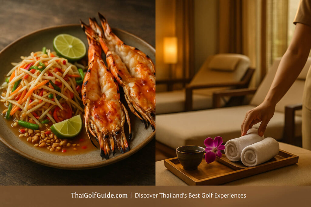 Split-frame image of Bangkok lifestyle — close-up of som tam and grilled river prawns paired with serene spa lounge and cold towels.
