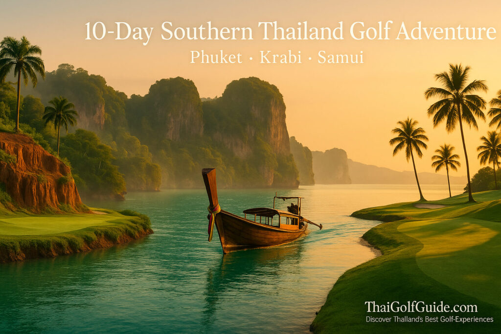 Phuket quarry golf, Krabi limestone sea cliffs, and Koh Samui hillside fairway.