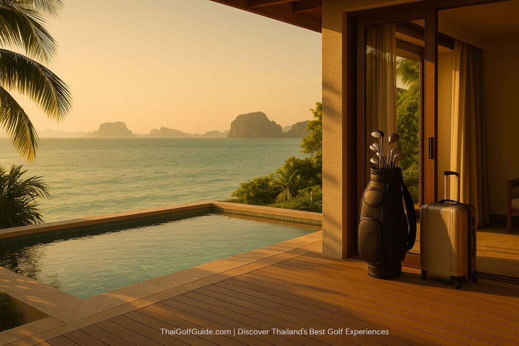 Private villa plunge pool overlooking the Andaman Sea with golf travel bag and luggage near the door — luxury Thailand golf getaway.