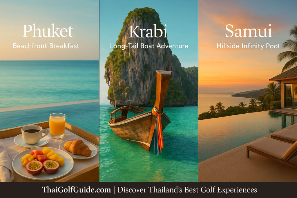Three-panel montage of Southern Thailand — Phuket beachfront breakfast, Krabi long-tail boat, and Samui infinity pool, each labeled within its panel.