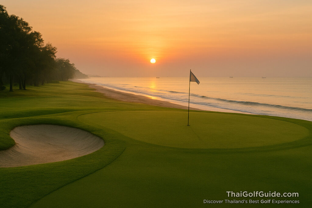 Sunrise over a seaside par-3 at Sea Pines Golf Club in Hua Hin, with gentle waves on the Gulf of Thailand and distant fishing boats.