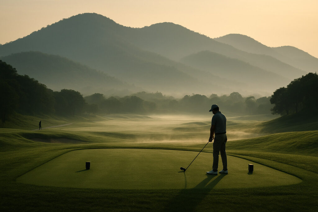 Black Mountain tee view across a manicured fairway to rugged hills.