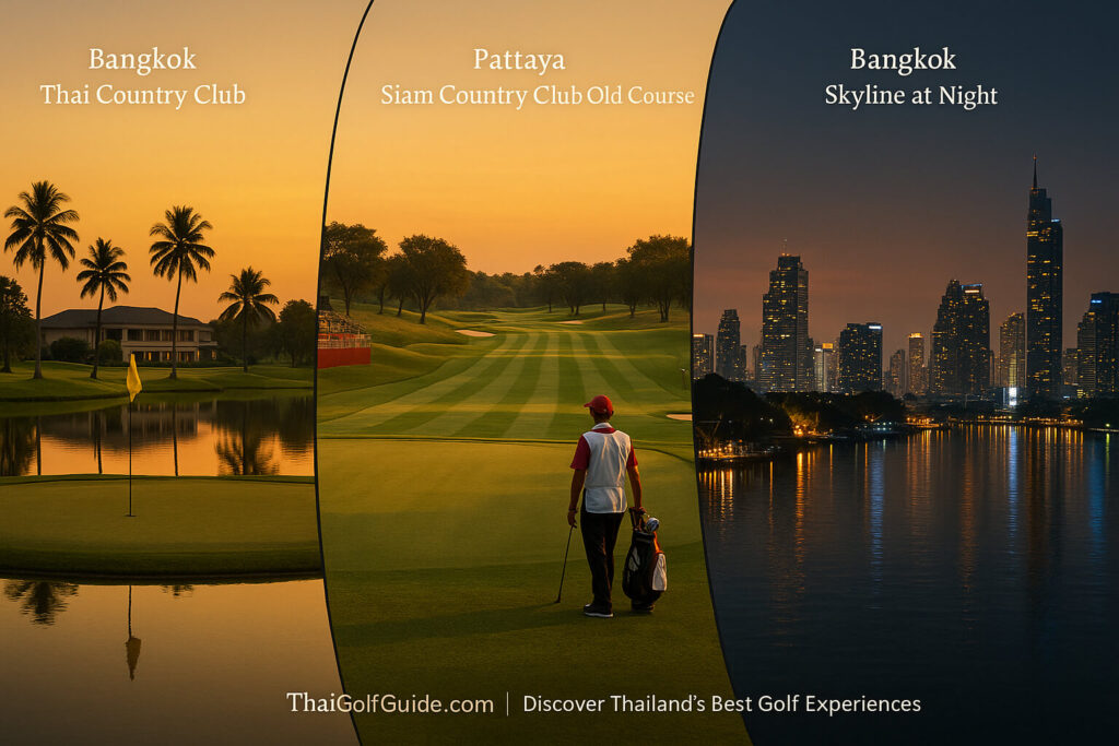 Championship Thai golf greens and skyline at dusk by ThaiGolfGuide