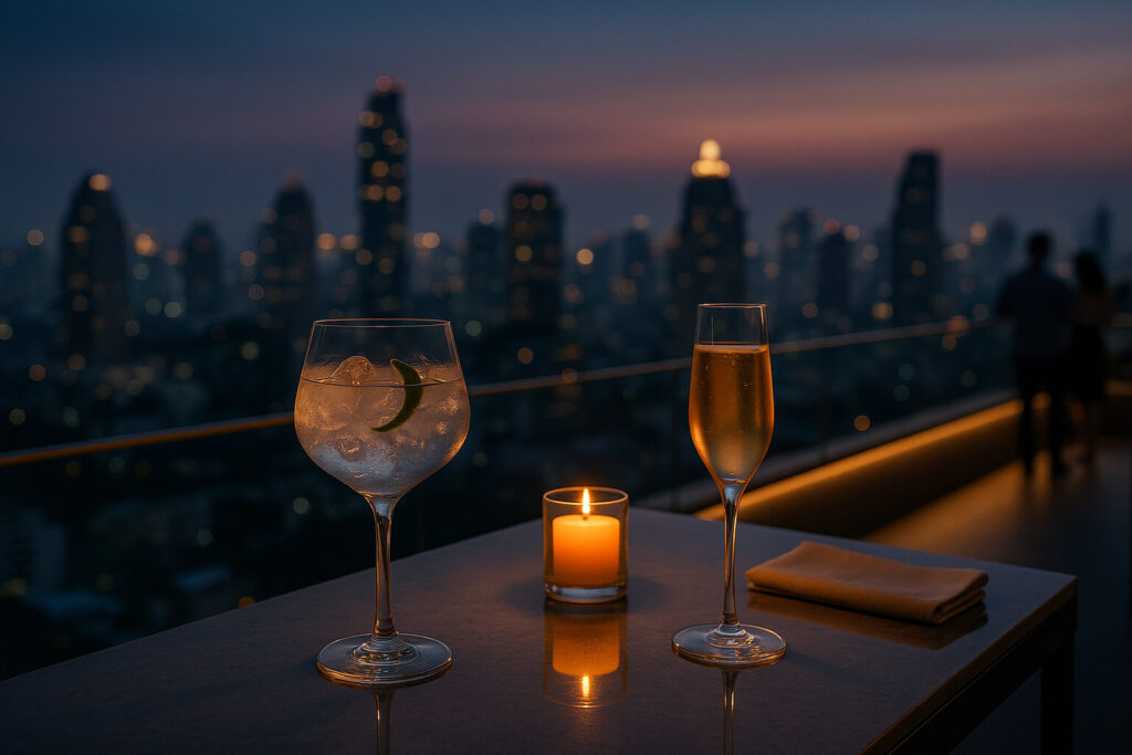 Bangkok rooftop bar scene at dusk with cocktails in the foreground and city skyline glowing softly in the distance by ThaiGolfGuide