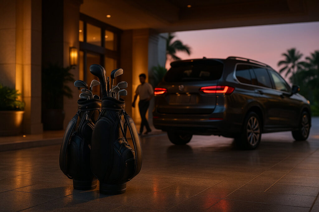 Private SUV arriving to pick up golfers with golf bags ready by ThaiGolfGuide