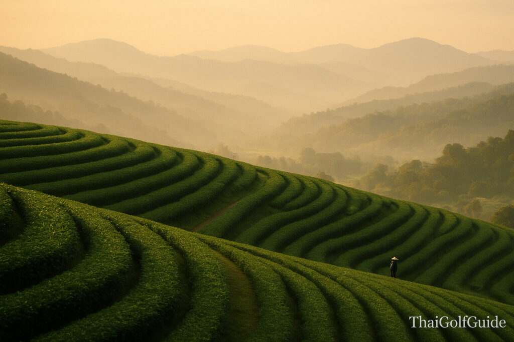 Morning mist over a mountain fairway at Chiang Mai Highlands Golf & Spa Resort with a distant temple spire glowing through the haze by ThaiGolfGuide