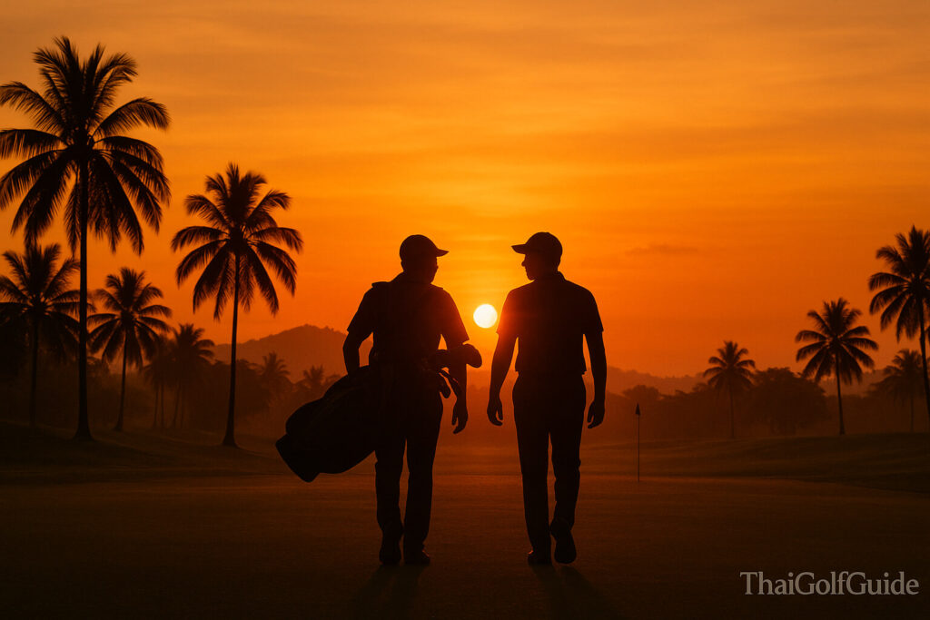 Silhouettes of a golfer and caddie walking down a fairway toward the sunset, symbolizing respect and partnership in Thai golf culture. - ThaiGolfGuide