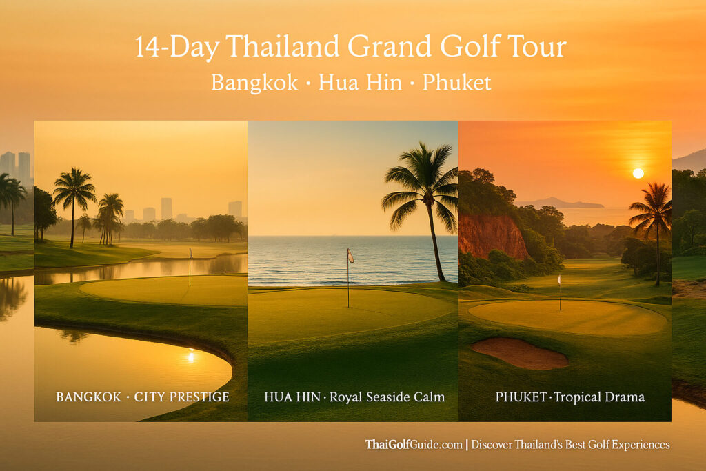 Three-panel hero image for ThaiGolfGuide — Bangkok skyline golf course at sunrise, Hua Hin seaside fairway, and Phuket’s Red Mountain cliffs at sunset — branded ThaiGolfGuide.com | Discover Thailand’s Best Golf Experiences.