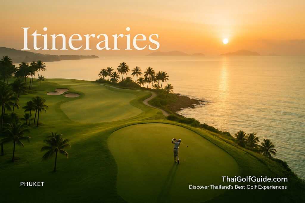 Aerial view of a golfer teeing off along a coastal fairway in Phuket at sunrise, golden light reflecting over turquoise sea — cinematic and tranquil by ThaiGolfGuide