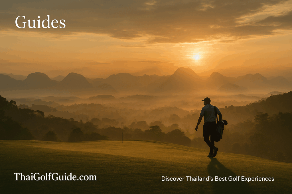 Golfer walking alone along an elevated fairway ridge at sunrise overlooking misty Thai mountains, evoking reflection and the spirit of golf travel.