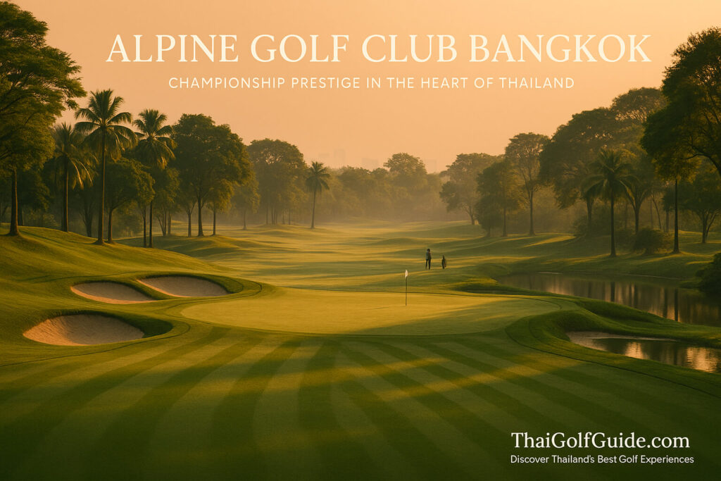 Alpine Golf Club Bangkok fairway and green framed by tropical trees under warm golden-hour light, showcasing Thailand’s premier championship course.