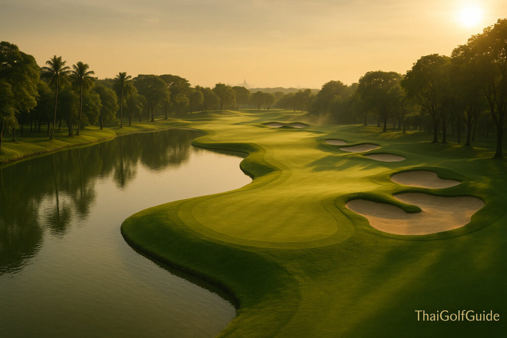Aerial view of Alpine Golf Club Bangkok showing rolling fairways, water hazards, and lush tropical trees under golden light.