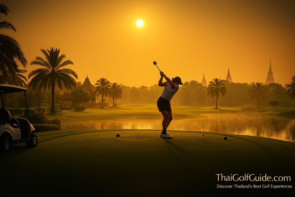 Golfer teeing off at sunrise on a luxury Bangkok golf course surrounded by palm trees and morning mist — elegant fairway view at Sunrise Lagoon Country Club by ThaiGolfGuide