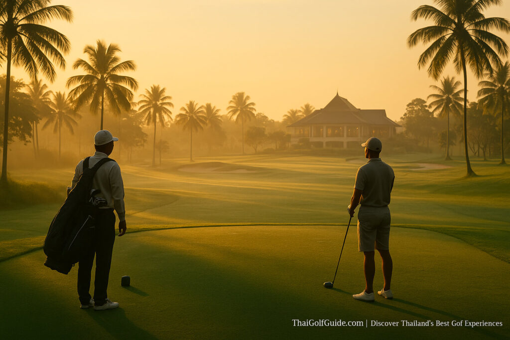 Sunrise tee shot on a manicured par-4 with palm silhouettes, morning mist, and caddie in attendance at a luxury Thai golf resort — calm, elegant, all-inclusive golf experience.