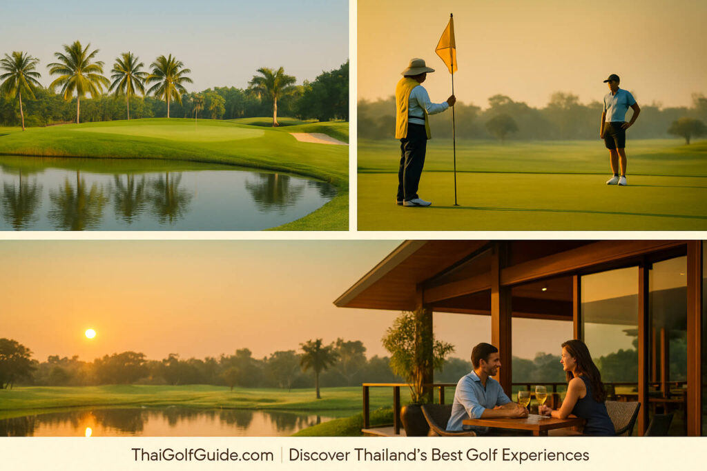 Three-image collage of luxury golf in Thailand — par-3 with water carry, Thai caddie tending the pin, and clubhouse terrace at sunset by ThaiGolfGuide