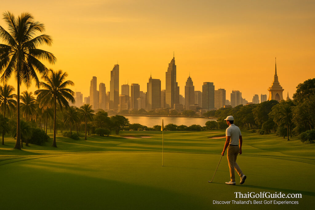 Luxury golf course in Bangkok, Thailand at sunrise with palm trees and city skyline — showcasing the blend of tropical nature and urban sophistication