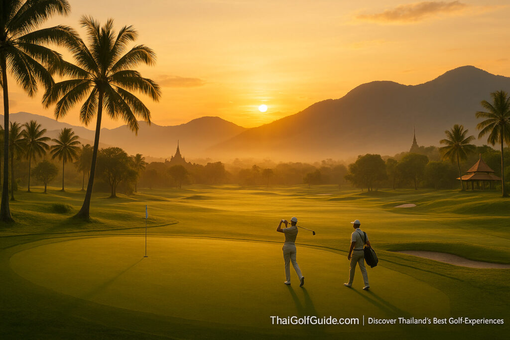 Golden sunrise over a tropical golf course in Thailand with palm trees and temple silhouette — ideal weather for golfing in Thailand.