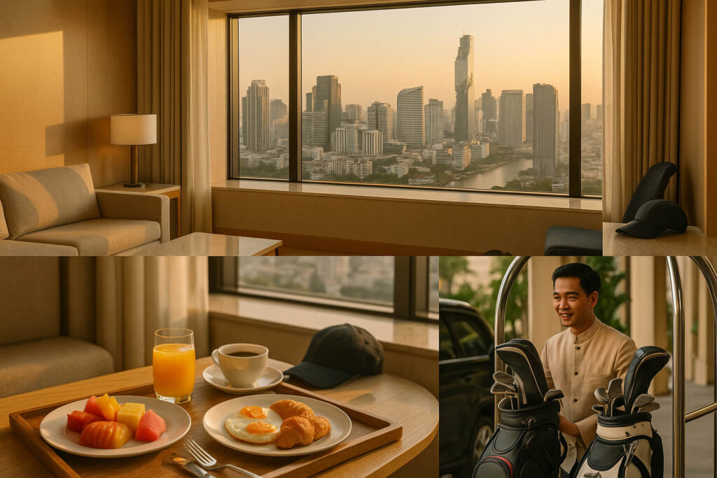 Composite image of Bangkok golf hospitality — skyline suite view, breakfast spread, and bellman handling golf bags, symbolizing luxury service for golf travelers.