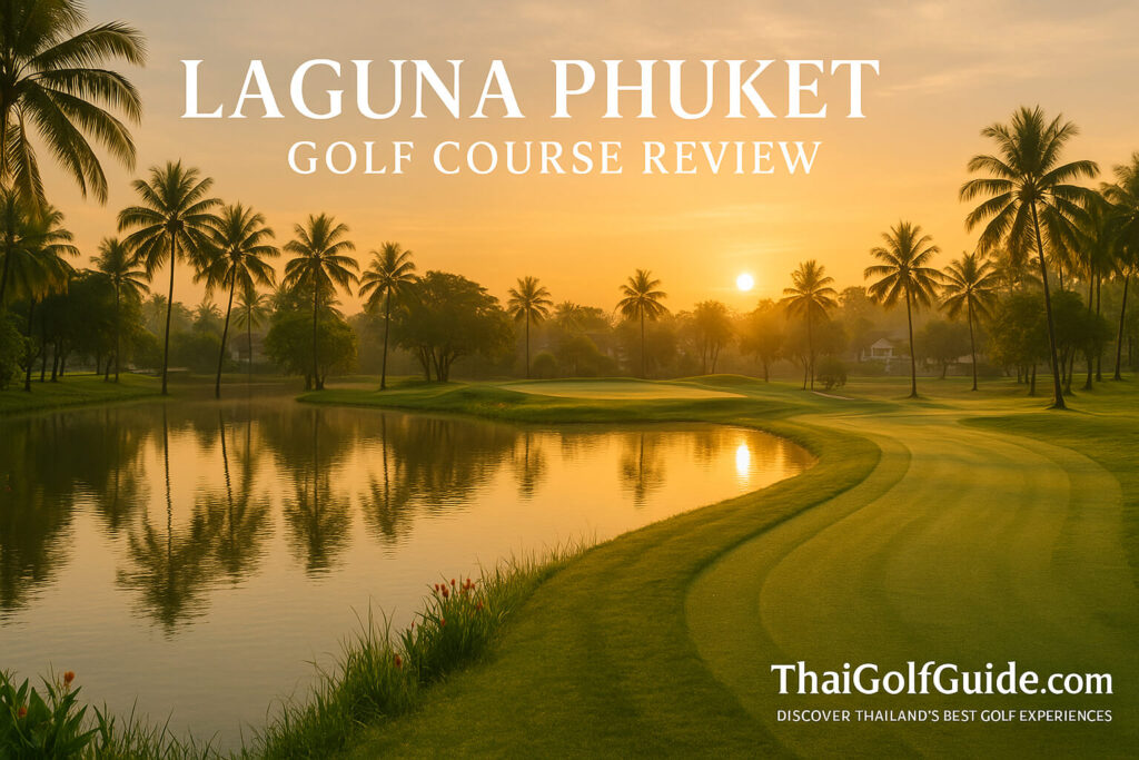 Laguna Phuket Golf fairway running beside a calm lagoon at sunrise with palm trees, golden reflections, and a serene resort backdrop.