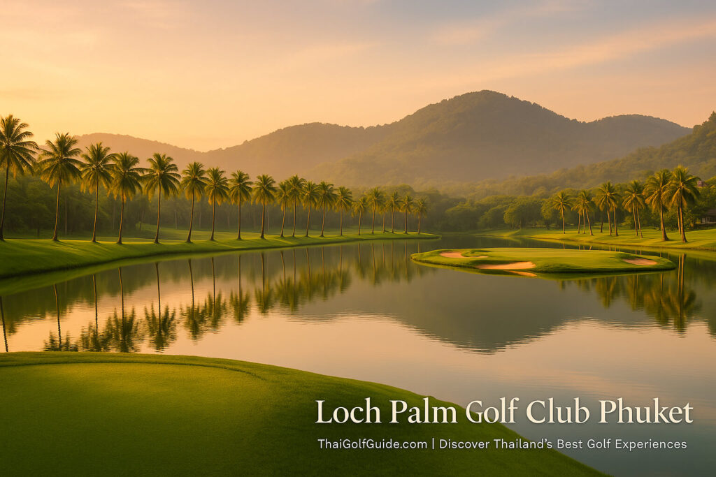 Loch Palm Golf Club fairway overlooking the central lake at sunrise with palm-lined shores and lush jungle hills in the background.