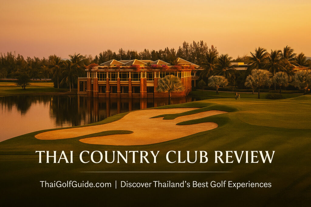 Thai Country Club’s 18th green reflecting in still water at golden hour with the clubhouse framed by palms and soft Bangkok light.