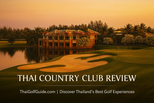Thai Country Club’s 18th green reflecting in still water at golden hour with the clubhouse framed by palms and soft Bangkok light.