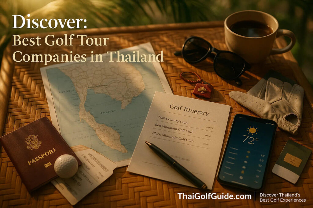 Golf travel essentials and Thailand map on a teak desk in warm tropical light, symbolizing expert planning and premium golf tours.