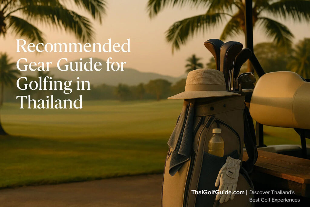 Golf bag and tropical gear setup under palm shade with hat, towel, and hydration bottle ready for a round in Thailand.